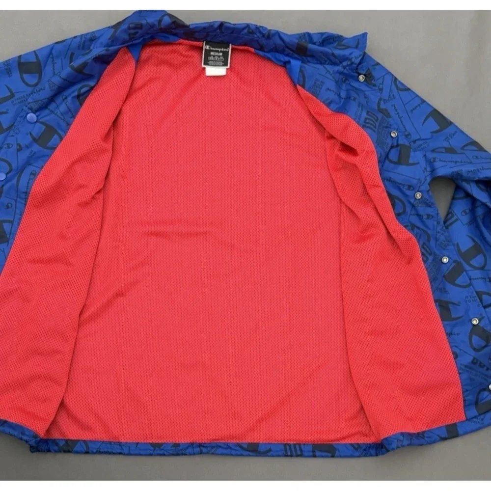 Vintage Champion Jacket Mens Medium Blue Long Sleeve Snap Logo All Over Print